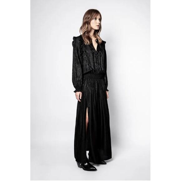 Zadig Voltaire Dress Womens XS Roar Jac Python Maxi Silk Blend Black Boho Rock - Picture 1 of 15